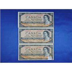 (3) 1954 Canada 50 Dollar Bills