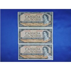 (3) 1954 Canada 50 Dollar Bills