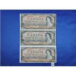 (3) 1954 Canada 100 Dollar Bills