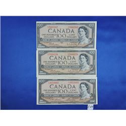 (3) 1954 Canada 100 Dollar Bills