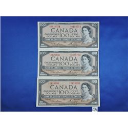 (3) 1954 Canada 100 Dollar Bills