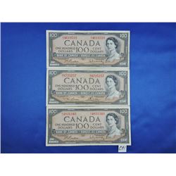 (3) 1954 Canada 100 Dollar Bills
