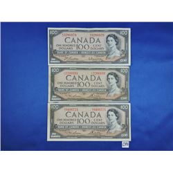 (3) 1954 Canada 100 Dollar Bills