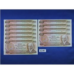 Sequence of (10) 1975 Canada 100 Dollar Bills