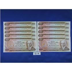 Sequence of (10) 1975 Canada 100 Dollar Bills