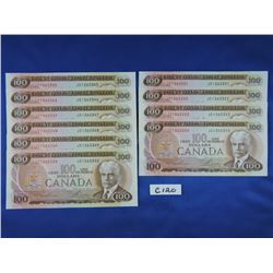 Sequence of (10) 1975 Canada 100 Dollar Bills