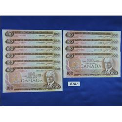 Sequence of (10) 1975 Canada 100 Dollar Bills