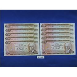 Sequence of (10) 1975 Canada 100 Dollar Bills