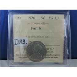 1926 Canadian (Far 6) 5 Cent Coin