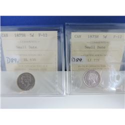 (2) 1875H (Small Date) Canadian 5 Cent Coins