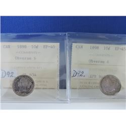 (2) 1898 (Obverse 6) Canadian 10 Cent Coin