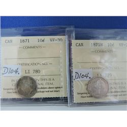 (2) 1871 & 1871H Canadian 10 Cent Coin