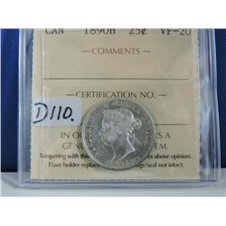 1890H Canadian 25 Cent Coin
