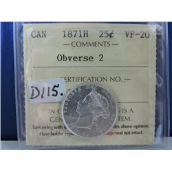 1871H (Obverse 2) Canadian 25 Cent Coin