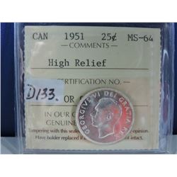 1951 (High Relief) Canadian 25 Cent Coin