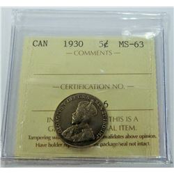 CANADA-5 CENT, 1930, ICCS MS63