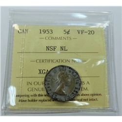 CANADA-5 CENT, 1953 NSF NL, MULE, ICCS VF20