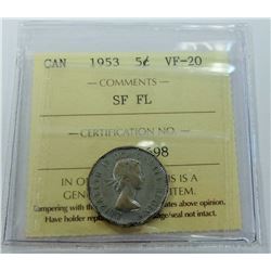 CANADA-5 CENT, 1953 SF, FL MULE, ICCS VF20