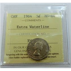 CANADA-5 CENT, 1964 EXTRA WATER LINE, ICCS MS64