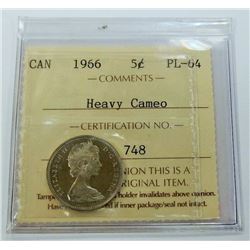 CANADA-5 CENT, 1966 ICCS PL64 HEAVY CAMEO