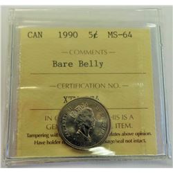 CANADA-5 CENT, 1990 ICCS MS64, BARE BELLY VARIEY