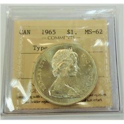 CANADA-$1, 1965TYP5,  ICCS MS62 CAMEO