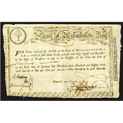 State of Massachusetts, February 5, 1780 State Lottery Bond.