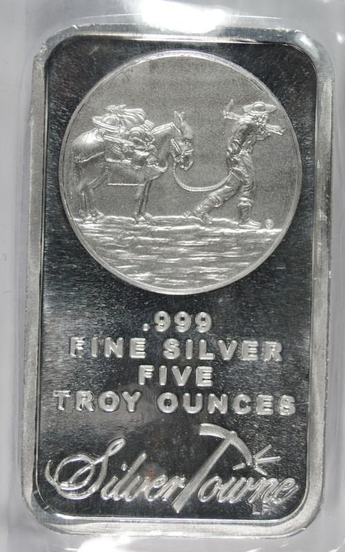 Five Troy Ounces .999 Fine Silver FIVE TROY OUNCE .999 SILVER BAR ( SILVERTOWNE ) GREAT GIFT SIZE