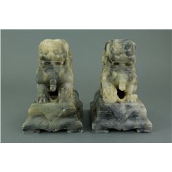 Pair Chinese Hardstone Carved Lions