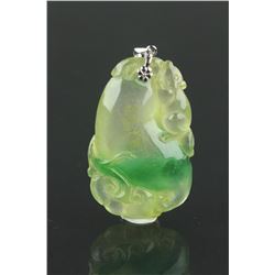 Fine Chinese Icy Jadeite Pendant w 18K Gold Clasp