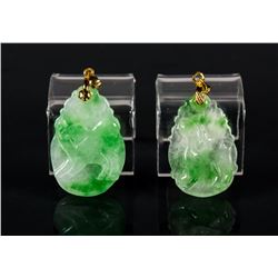 Pair of Chinese Green Jadeite Carved Pendants18K