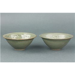 Pair Chinese Song Style Carved Porcelain Bowls