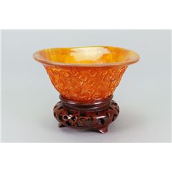 Chinese Horn Carved Libation Cup w/ Stand