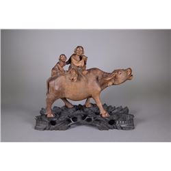 Chinese Wood Carved Cow Boys w/ Stand