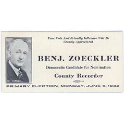 Vintage 1932 Iowa Election Blotter BENJAMIN ZOECKLER