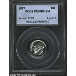 1957 10C PR68 Deep Cameo PCGS. Fully frosted devices, with brilliant white surfaces and superb ca...