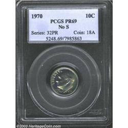 1970 10C No S PR69 PCGS. Sharply struck with appealing steel-gray and gold toning and no noticeab...