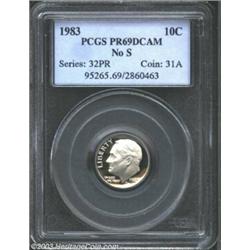 1983 10C No S PR69 Deep Cameo PCGS. Thickly frosted devices, with bottomless, deeply mirrored fie...