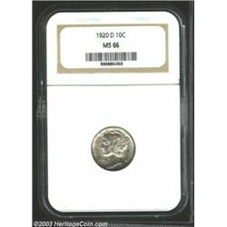 1920-D 10C MS66 NGC. Soft gray-violet patina has gathered over each side. Especially attractive,...