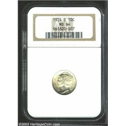 1924-D 10C MS64 NGC. Essentially untoned with sharp definition on each side. The cross bands are...