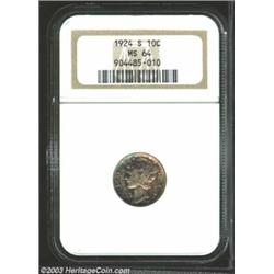 1924-S 10C MS64 NGC. Mottled purple and cobalt-blue color has accumulated overall. A trifle weak...