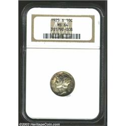 1925-S 10C MS64 NGC. Wisps of olive-gray and russet-brown toning accent each side of this highly...