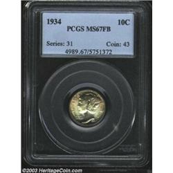 1934 10C MS67 Full Bands PCGS. The upper obverse and lower reverse borders have variegated russet...