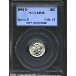 1938-D 10C MS68 PCGS. Pristine, pure white surfaces with essentially full separation of the centr...