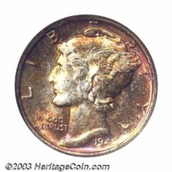 1942-S 10C MS68 NGC. Scarlet and emerald-green toning is seen over each side of this amazing coin...