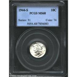 1944-S 10C MS68 PCGS. Brilliant white mint frost with pristine matte-like surfaces and no noticea...