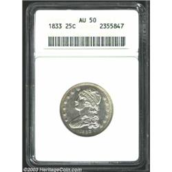 1833 25C AU50 ANACS. B-1, R.2. A period follows the denomination, unlike the only other die marri...