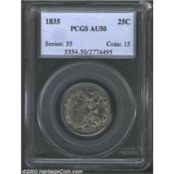 1835 25C AU50 PCGS. B-5, R.3. Die State IV, with heavy obverse die cracks. Deep charcoal toning i...