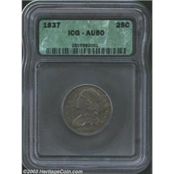 1837 25C AU50 ICG. B-2, R.2. The peripheral olive colors complement the lavender patina in the ce...