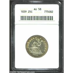 1839 25C No Drapery AU58 ANACS. Bright in the central areas with gold and steel-blue peripheral t...